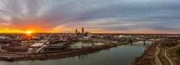 An aerial drone shot of downtown Omaha, NE