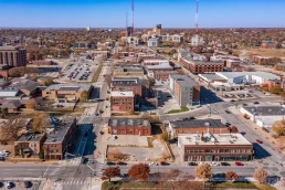 An aerial drone shot of downtown Omaha, NE