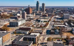 An aerial drone shot of downtown Omaha, NE