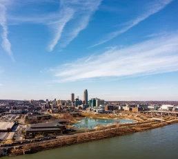 An aerial drone shot of downtown Omaha, NE